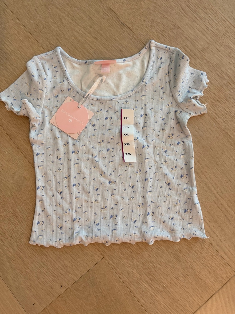LoveShackFancy Light Blue Ribbed Floral Scoop Neck Tee